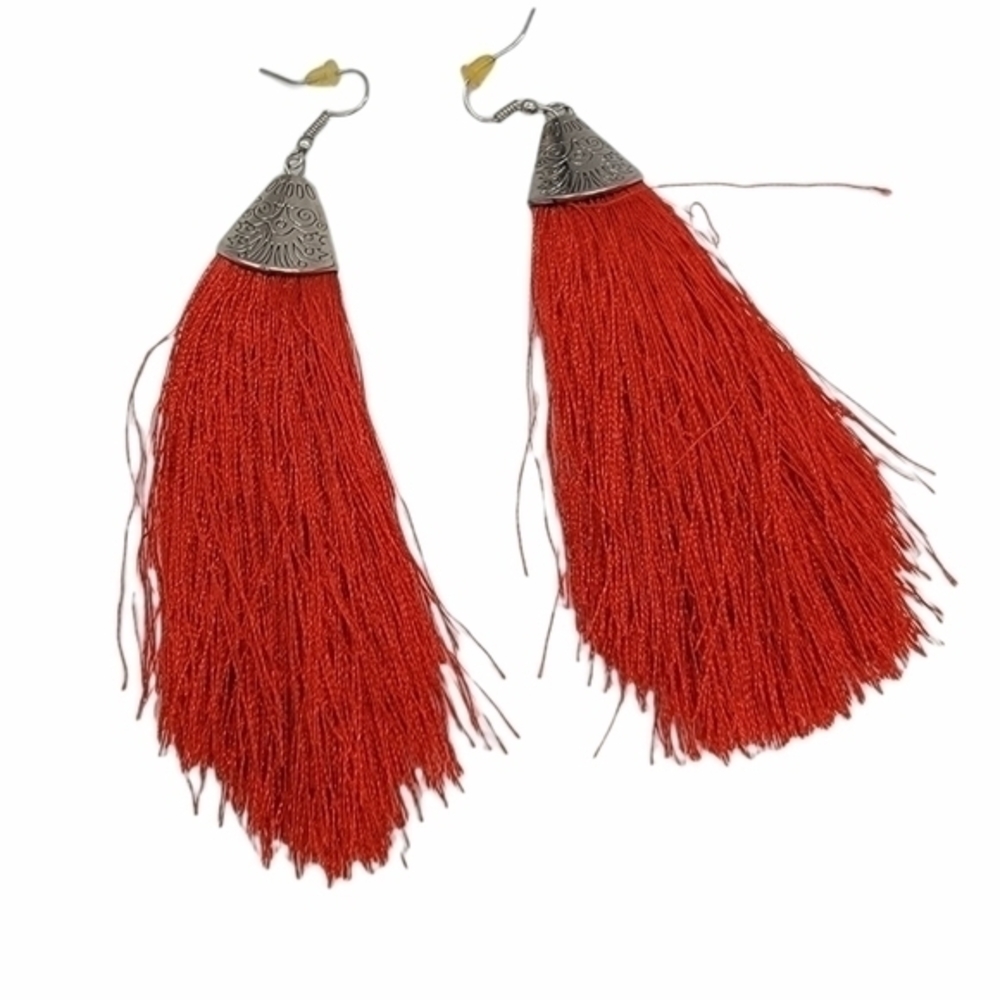 Red Tassel fringe statement earrings‎